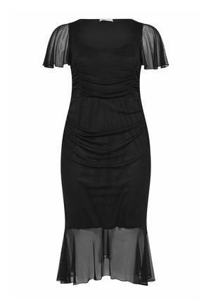 Vestido negro con mangas cortas y vaporosas, escote fruncido y dobladillo acampanado y transparente, hecho de una tela suave y lisa.