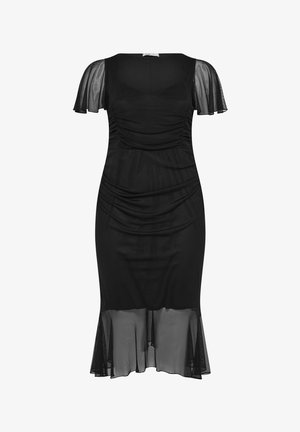 Black dress with short, sheer flutter sleeves, ruched bodice, and a flared, sheer hem, made of smooth, soft fabric.