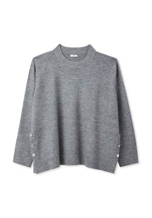 Szary sweter z dzianiny o wysokim kołnierzu, długich rękawach, prążkowanym dołem i ozdobnymi guzikami po bokach. Miękka tekstura, luźny krój.
