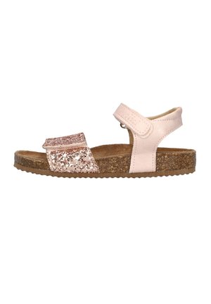 Kindersandaal met open teen, roze glitter voorband, lichtroze enkelbandje en zool met kurkstructuur, zijaanzicht.