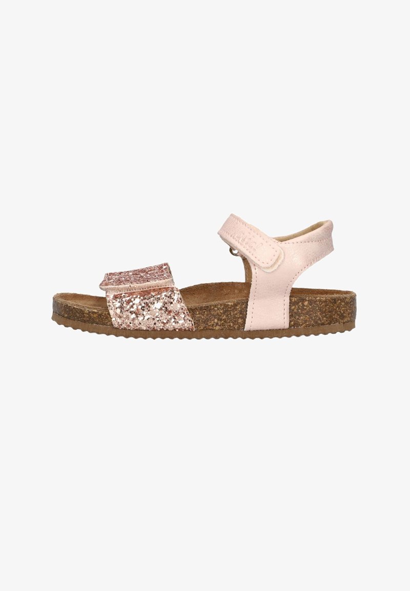 Child's open-toe sandal with pink glitter front strap, light pink ankle strap, and cork-textured sole, viewed from the side.