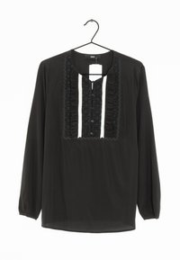 Blusa nera a maniche lunghe con bottoni sul davanti, caratterizzata da dettagli arricciati testurizzati che scorrono verticalmente lungo il centro e i polsini.