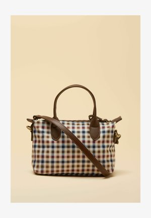 Kleine rechteckige Handtasche mit braunem, blauem und weißem kariertem Muster, braunen Ledergriffen und einem verstellbaren Umhängegurt.