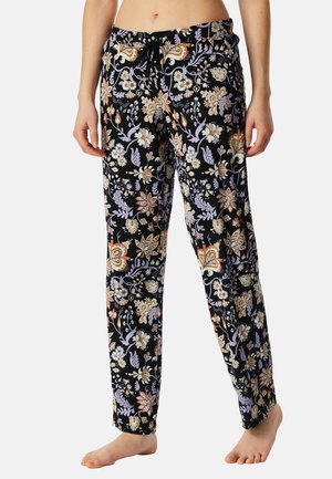 Zwarte broek met een patroon van bloemen in oranje, wit en lila tinten. Heeft een trekkoord in de taille en een relaxed fit.