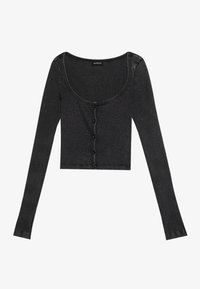 Black ribbed long-sleeve cropped top with a scoop neckline, front button closure, and textured fabric. Features subtle vertical stripes.