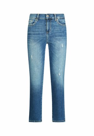 Jean en denim bleu clair avec une finition délavée et usée. Coupe droite avec de légères déchirures, design à cinq poches et bouton en métal.