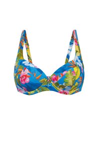 Kwiatowy top bikini w jasnoniebieskim kolorze, z tropikalnymi wzorami w różu, zieleni i żółci. Regulowane ramiączka i dekoracyjny element ozdobny na środku.