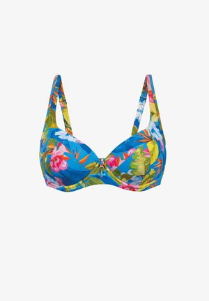 Kwiatowy top bikini w jasnoniebieskim kolorze, z tropikalnymi wzorami w różu, zieleni i żółci. Regulowane ramiączka i dekoracyjny element ozdobny na środku.