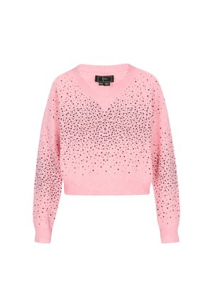 Rosa cropped Pullover mit V-Ausschnitt, verziert mit schwarzen Strasssteinen, die in einem Farbverlauf angeordnet sind. Weiches Strickmaterial mit gerippten Bündchen.