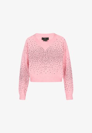 Lyserød cropped sweater med V-hals, prydet med sorte rhinsten arrangeret i et gradientmønster. Blødt strikket stof med ribbede manchetter.