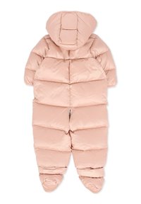 Tuta da neve imbottita di colore rosa chiaro, dotata di cappuccio, design trapuntato, polsini elastici e chiusura con zip sulla schiena. Texture morbida e liscia.