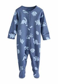 Body a coste blu navy con un motivo di dinosauri e forme azzurri, maniche lunghe, design con piedi e chiusure a pressione frontalmente.