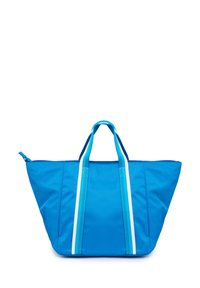 Borsa a tracolla blu realizzata in tessuto resistente, con strisce bianche e blu chiaro. Grande dimensione con due manici superiori e chiusura a zip.