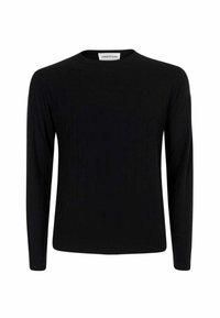 Maglione lungo nero a maniche lunghe con scollo rotondo. Realizzato in tessuto morbido, presenta un design aderente con una texture liscia e senza motivi visibili.