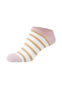 Calzino alla caviglia a righe in bianco, giallo e rosa. Presenta righe alternate, un risvolto rosa e una finitura morbida e texturizzata.