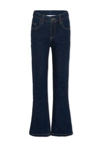 Donkerblauwe flared jeans van denim met een aansluitende taille, vijf zakken en contraststiksel. Heeft een knoopsluiting en riemlussen.
