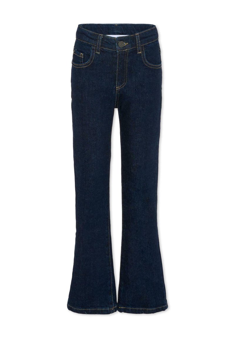 Donkerblauwe flared jeans van denim met een aansluitende taille, vijf zakken en contraststiksel. Heeft een knoopsluiting en riemlussen.