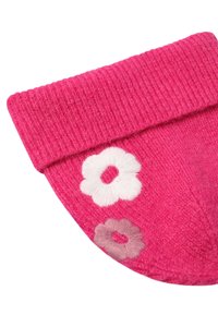 Pink knit hat with a folded brim. Features embroidered white and light pink flowers on the side. Soft texture and warm design.