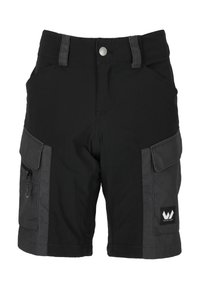 Svarta cargoshorts med en mörkgrå panel, som har två sidfickor, en zipficka, en knappstängning och förstärkta sömmar.