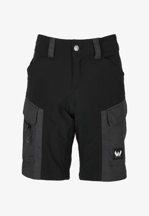 Shorts cargo noirs avec un panneau gris foncé, comportant deux poches latérales, une poche zippée, une fermeture à bouton et des coutures renforcées.