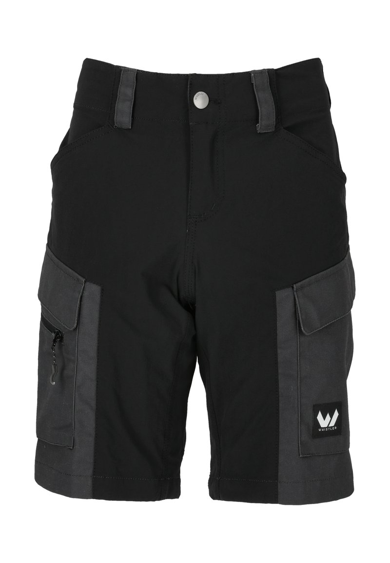 Svarta cargoshorts med en mörkgrå panel, som har två sidfickor, en zipficka, en knappstängning och förstärkta sömmar.