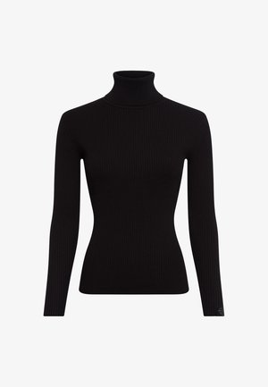 Schwarzer, gerippter Rollkragenpullover mit langen Ärmeln, tailliertem Design und strukturiertem Stoff. Enthält ein kleines Logo-Detail am Ärmel.