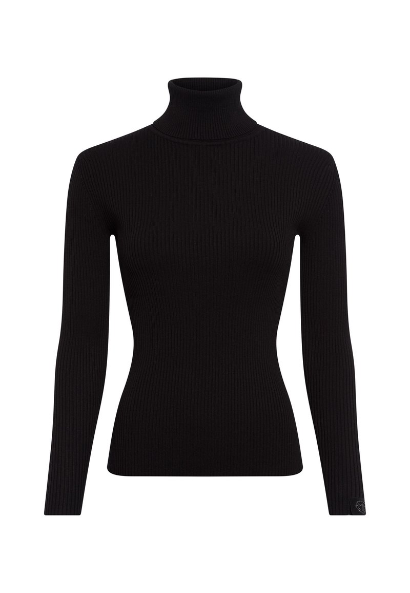 Schwarzer, gerippter Rollkragenpullover mit langen Ärmeln, tailliertem Design und strukturiertem Stoff. Enthält ein kleines Logo-Detail am Ärmel.