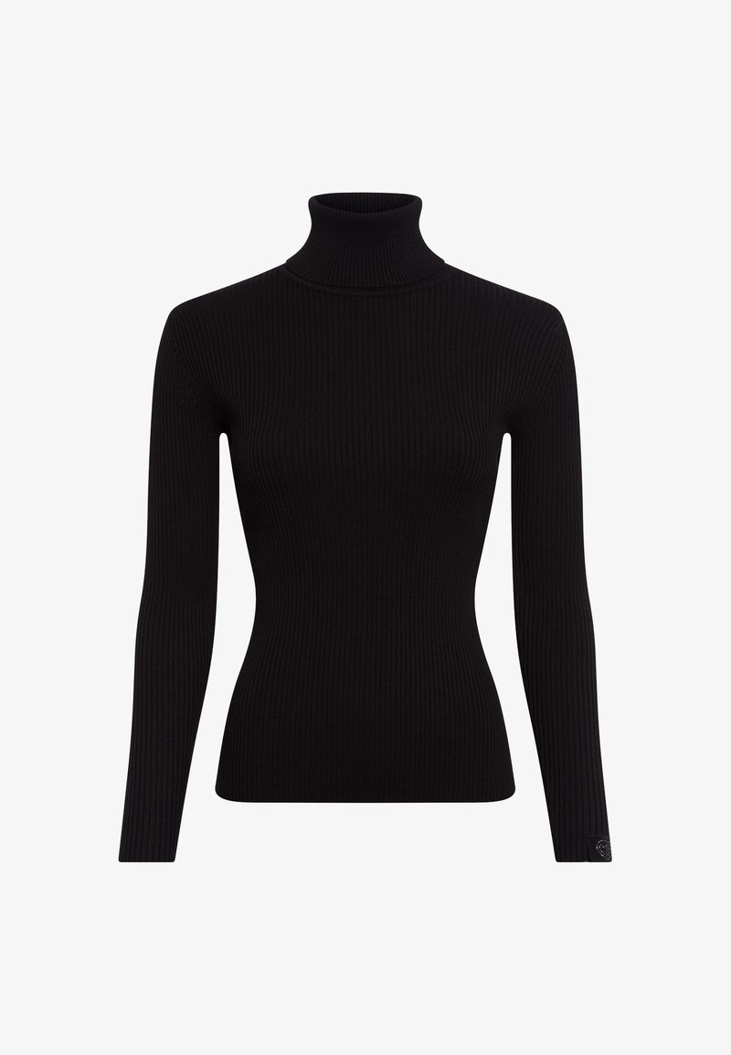 Black ribbed turtleneck sweater with long sleeves, fitted design, and textured fabric. Features a small logo accent on the sleeve.