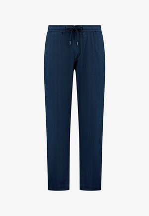 Navy blue elastic waist pants with drawstring, featuring a smooth texture and straight-leg design, no visible patterns or accents.