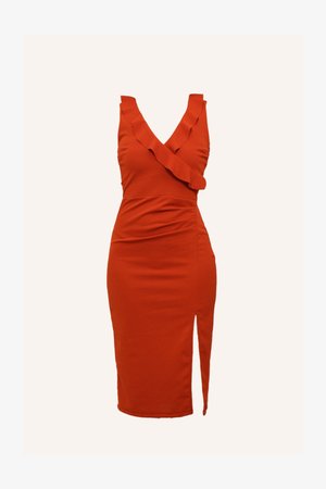 Sleeveless red bodycon dress with a ruffled V-neckline, side slit, and fitted design, made from a smooth, stretchy fabric.