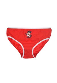 Rote Baumwollunterhose mit weißer Spitzenkante und einem bestickten Design eines Charakters mit einer Schleife und einer Brille auf der Vorderseite.