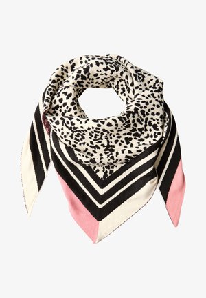 Schwarz-weißer Leopardenmuster-Schal mit pinken und schwarzen Streifen, dreieckige Form, weicher Stoff und kontrastierende Kanten.