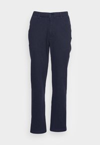 Mörkblå byxor i denim, med rak passform, midjeband med bälteshällor, och framfickor. Inga synliga mönster eller detaljer.