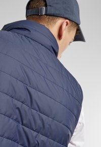 Marineblaue isolierte Weste mit diagonaler Naht, hohem Kragen und glatter Textur, getragen über einem weißen Hemd, Teil einer von hinten gesehenen Figur.