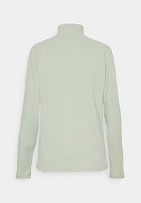 Jasnozielony, długi sweter z wysokim kołnierzem, wykonany z miękkiej tkaniny, z bezszwowym tyłem i dopasowanymi rękawami.