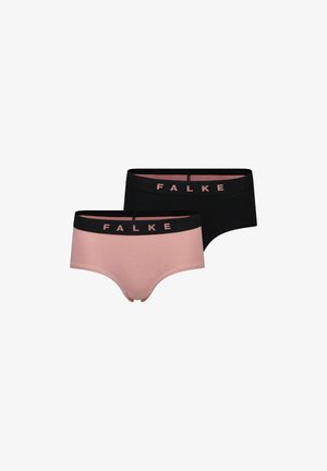 Deux paires de sous-vêtements pour femmes : une en rose clair et l'autre en noir, mettant en avant une ceinture douce avec le logo "FALKE". Tissu lisse, coupe hipster.
