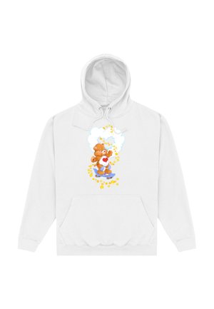 Biała hoodie z przednią kieszenią kangurką. Posiada kolorową grafikę misia na deskorolce wśród chmur i gwiazd. Materiał bawełniany.