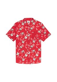 Camisa de manga corta roja con flores blancas y amarillas, con botones en la parte delantera y un pequeño bolsillo en el pecho. Fabricada con un tejido ligero.