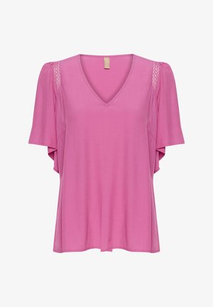 Bluză roz cu decolteu în V și mâneci scurte, evazate. Detalii din dantelă pe umeri. Material moale, ușor, cu un croi lejer.