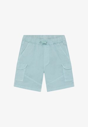 Hellblaue Shorts aus Baumwolle mit einem elastischen Bund und einem Kordelzug, seitlichen Taschen und zwei Cargotaschen.