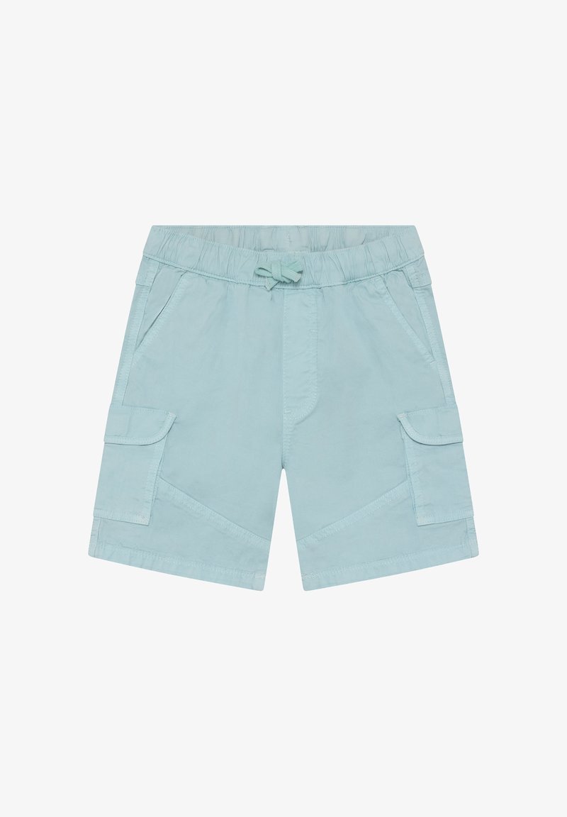 Shorts bleu clair en coton, dotés d'une taille élastique avec cordon de serrage, poches latérales et deux poches cargo.