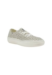 Sneakers bianchi in tela con pois neri, punta rotonda, suola piatta in gomma bianca e lacci bianchi. Logo sulla linguetta.