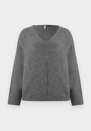 Gray V-neck sweater with long sleeves, made of soft material. Features ribbed detailing at cuffs and hem, with a loose, relaxed fit.