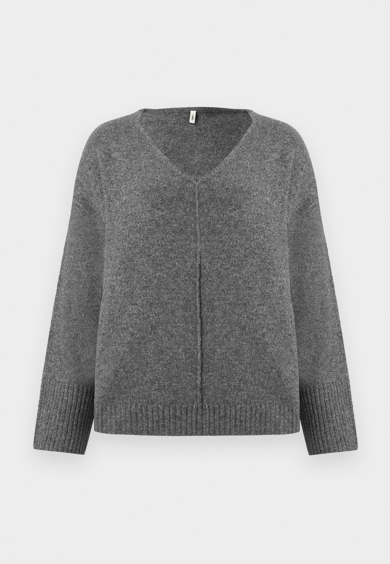 Pull gris en V à manches longues, fabriqué dans un matériau doux. Présente des détails côtelés aux poignets et à l'ourlet, avec une coupe ample et décontractée.