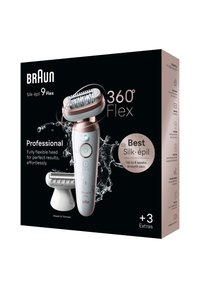 Épilateur Braun Silk-épil 9 Flex avec tête entièrement flexible à 360°, accessoires de rasage et de tonte, mettant en avant jusqu'à 4 semaines de peau lisse.