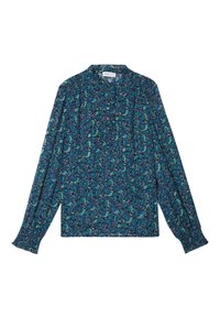 Blouse à manches longues en tissu léger, avec une base bleu foncé ornée de motifs paisley turquoise complexes et un rabat de boutons au cou.