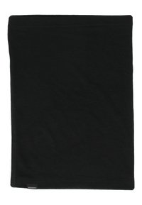 Svart halskrage i mjuk bomull, med en slät yta, rektangulär form och sömmar. Logomärke synligt på sidan.