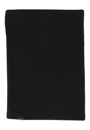 Zwarte nekwarmer van zacht katoen, met een gladde textuur, rechthoekige vorm en gestikte naden. Logo-label zichtbaar aan de zijkant.