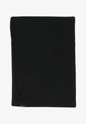 Zwarte nekwarmer van zacht katoen, met een gladde textuur, rechthoekige vorm en gestikte naden. Logo-label zichtbaar aan de zijkant.