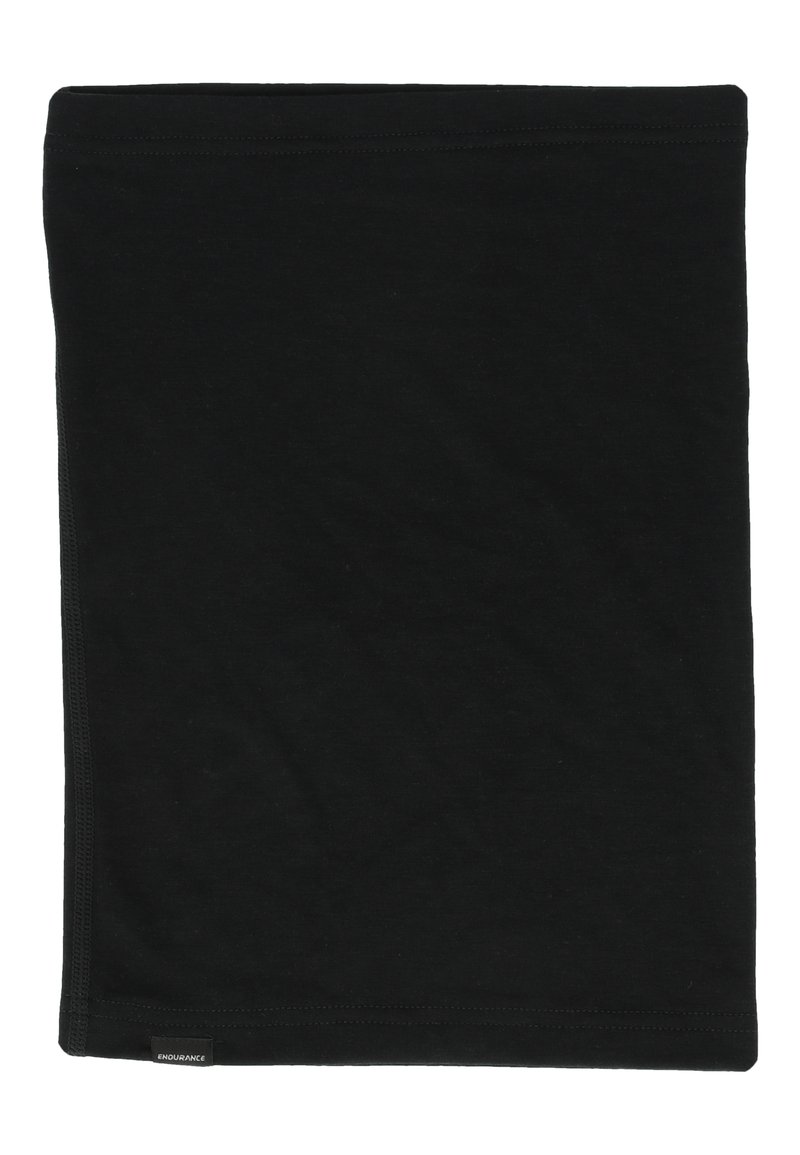 Svart halskrage i mjuk bomull, med en slät yta, rektangulär form och sömmar. Logomärke synligt på sidan.